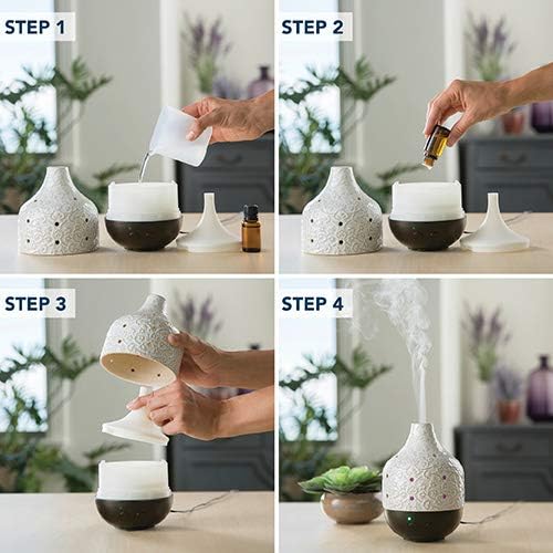 Botanical Large Ceramic Essential Oil Diffuser|250 mL Humidifying Ultrasonic Aromatherapy Diffuser 8 Colorful LED Lights, Up to 24 Hours Intermittent & Continual Mist with Auto Shut-Off, White