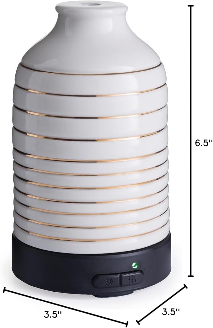 Medium Porcelain Essential Oil Diffuser|100 mL Humidifying Ultrasonic Aromatherapy Diffuser 8 Colorful LED Lights, Intermittent & Continual Mist, Auto Shut-Off, White