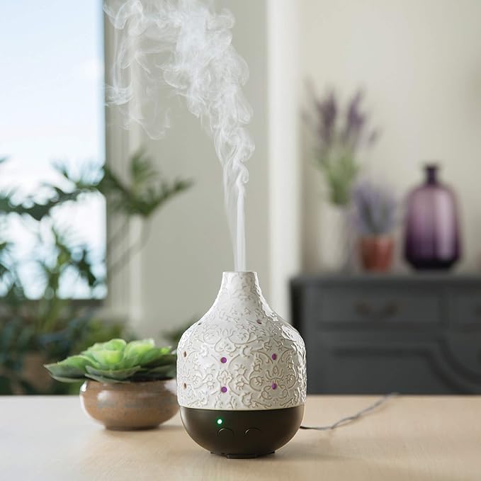 Botanical Large Ceramic Essential Oil Diffuser|250 mL Humidifying Ultrasonic Aromatherapy Diffuser 8 Colorful LED Lights, Up to 24 Hours Intermittent & Continual Mist with Auto Shut-Off, White