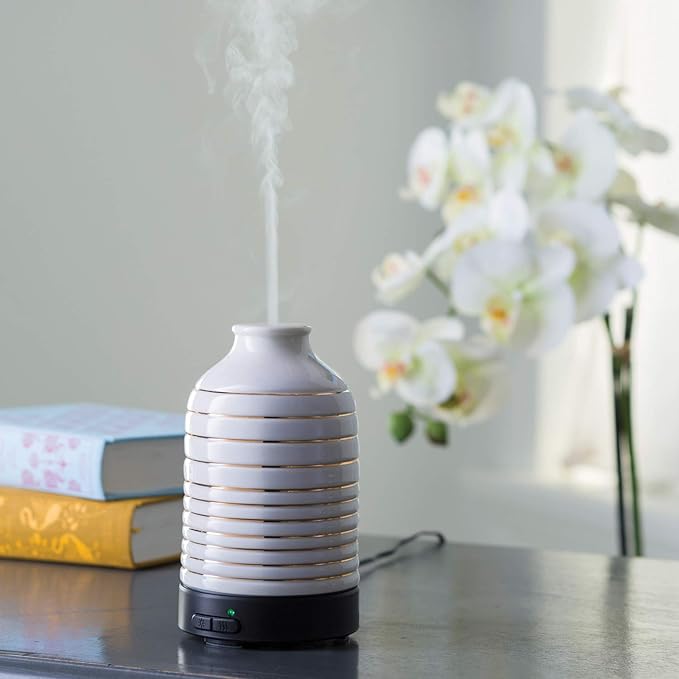 Medium Porcelain Essential Oil Diffuser|100 mL Humidifying Ultrasonic Aromatherapy Diffuser 8 Colorful LED Lights, Intermittent & Continual Mist, Auto Shut-Off, White