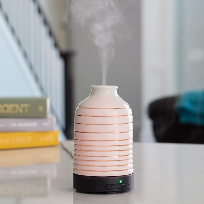 Medium Porcelain Essential Oil Diffuser|100 mL Humidifying Ultrasonic Aromatherapy Diffuser 8 Colorful LED Lights, Intermittent & Continual Mist, Auto Shut-Off, White