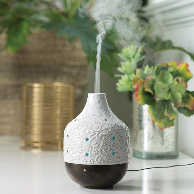 Botanical Large Ceramic Essential Oil Diffuser|250 mL Humidifying Ultrasonic Aromatherapy Diffuser 8 Colorful LED Lights, Up to 24 Hours Intermittent & Continual Mist with Auto Shut-Off, White