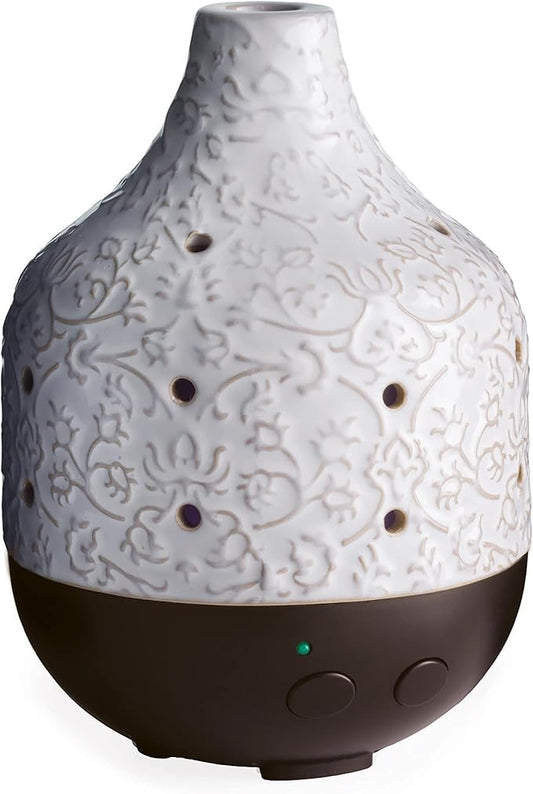 Botanical Large Ceramic Essential Oil Diffuser|250 mL Humidifying Ultrasonic Aromatherapy Diffuser 8 Colorful LED Lights, Up to 24 Hours Intermittent & Continual Mist with Auto Shut-Off, White