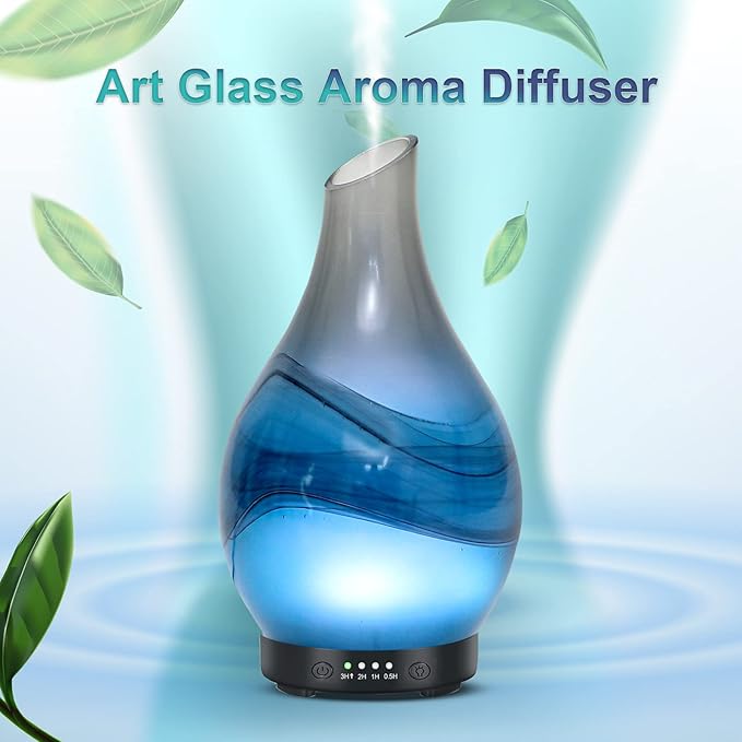 Essential Oil Diffusers Handmade Art Glass Ultrasonic Aromatherapy Diffusers with 7 Colors Lights Changing, Waterless Auto Shut-Off, Time Setting for Home, Office, Room 120ml