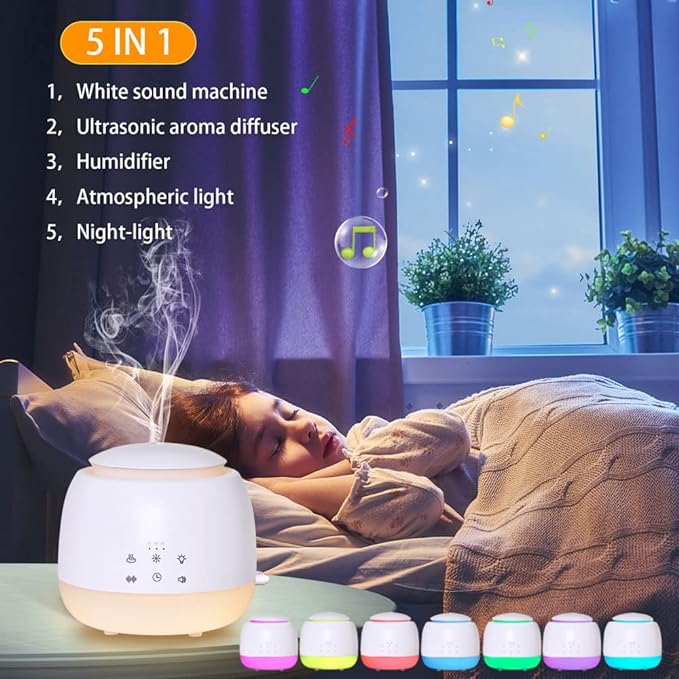 Sleep Sound Machine with Diffuser,Aromatherapy Essential Oil White Noise Machine,Mist Humidifier with 7 LED Color Lights,10 Soothing Sounds,Night Light,Timer, Waterless Auto Shut off(White)