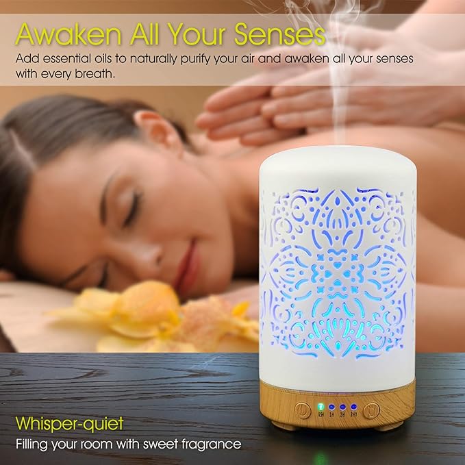 Essential Oil Diffuser White Ceramic Diffuser 100 ml Timers Night Lights and Auto Off Function Home Office Humidifier Ultrasonic Aromatherapy Diffusers for Essential Oils