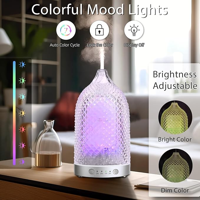 7 Colors Glass Diffuser, 200ML Essential Oil Diffuser, Ultrasonic Aromatherapy Diffuser with Timer, Auto-Off Protection, Cool Mist Aroma Diffuser for Home, Office,Yoga (Silver)