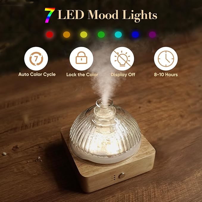 Glass Dome Essential Oil Diffuser with Glass Reservoir & Wood Base-No Plastic, 200ml Ultrasonic Glass Diffuser for Aromatherapy with Timer 7 Color Light Auto-Off for Home Office Yoga Pilates