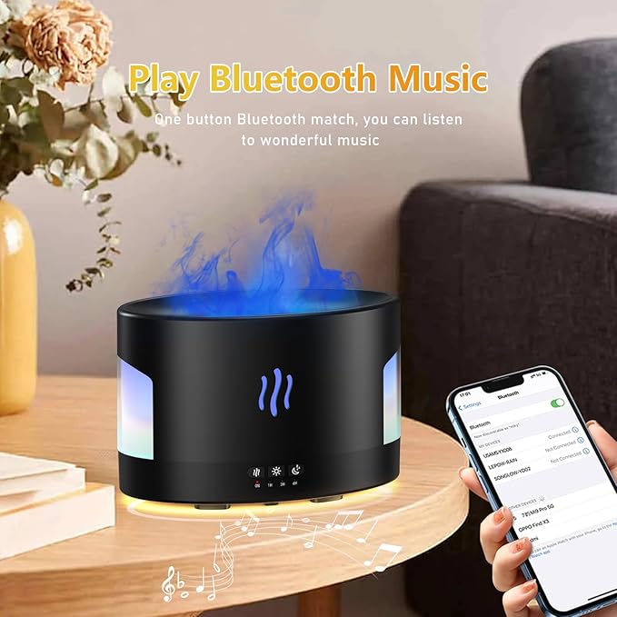 Flame Essential Oil Diffuser Humidifier, 450ml Bluetooth Fireplace Diffuser Humidifier with White Noise, Remote Control, 7 Colors Changing, Aromatherapy Diffuser for Large Room, Office, Yoga