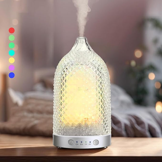 7 Colors Glass Diffuser, 200ML Essential Oil Diffuser, Ultrasonic Aromatherapy Diffuser with Timer, Auto-Off Protection, Cool Mist Aroma Diffuser for Home, Office,Yoga (Silver)