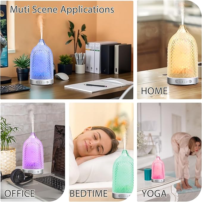 7 Colors Glass Diffuser, 200ML Essential Oil Diffuser, Ultrasonic Aromatherapy Diffuser with Timer, Auto-Off Protection, Cool Mist Aroma Diffuser for Home, Office,Yoga (Silver)