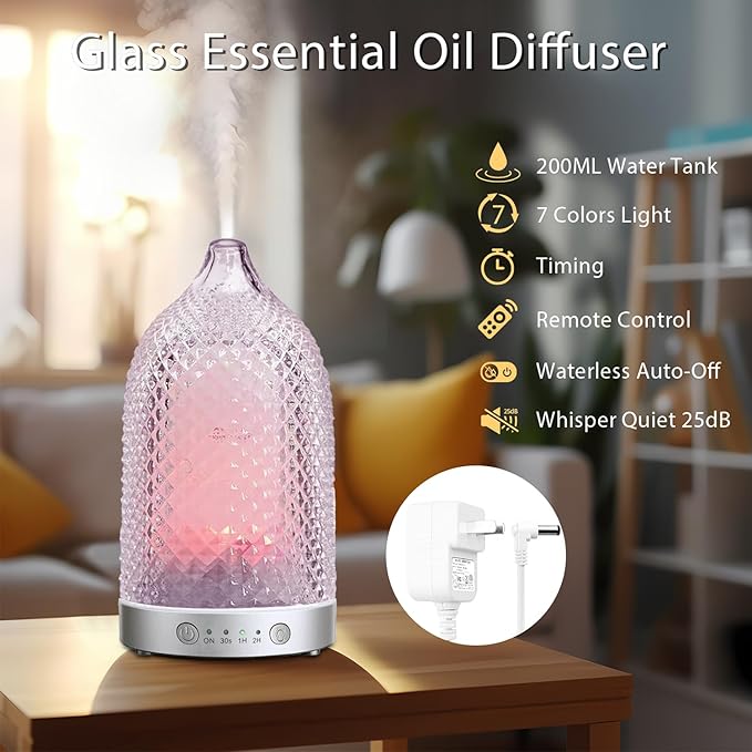 7 Colors Glass Diffuser, 200ML Essential Oil Diffuser, Ultrasonic Aromatherapy Diffuser with Timer, Auto-Off Protection, Cool Mist Aroma Diffuser for Home, Office,Yoga (Silver)