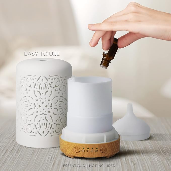 Essential Oil Diffuser White Ceramic Diffuser 100 ml Timers Night Lights and Auto Off Function Home Office Humidifier Ultrasonic Aromatherapy Diffusers for Essential Oils