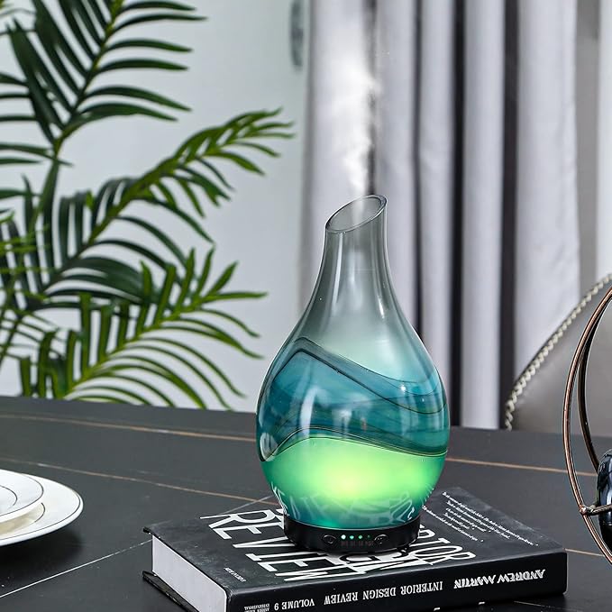 Essential Oil Diffusers Handmade Art Glass Ultrasonic Aromatherapy Diffusers with 7 Colors Lights Changing, Waterless Auto Shut-Off, Time Setting for Home, Office, Room 120ml