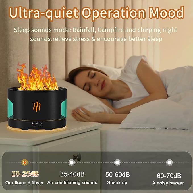 Flame Essential Oil Diffuser Humidifier, 450ml Bluetooth Fireplace Diffuser Humidifier with White Noise, Remote Control, 7 Colors Changing, Aromatherapy Diffuser for Large Room, Office, Yoga