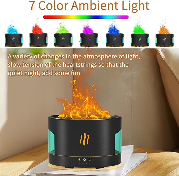 Flame Essential Oil Diffuser Humidifier, 450ml Bluetooth Fireplace Diffuser Humidifier with White Noise, Remote Control, 7 Colors Changing, Aromatherapy Diffuser for Large Room, Office, Yoga