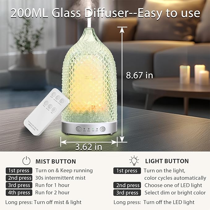 7 Colors Glass Diffuser, 200ML Essential Oil Diffuser, Ultrasonic Aromatherapy Diffuser with Timer, Auto-Off Protection, Cool Mist Aroma Diffuser for Home, Office,Yoga (Silver)