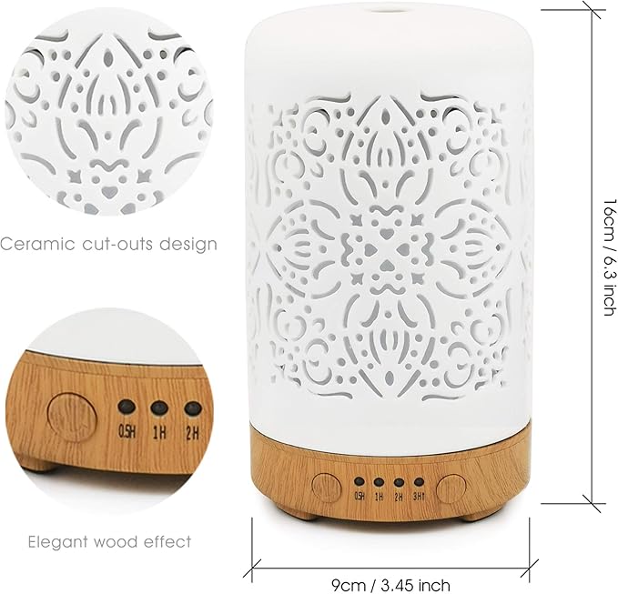 Essential Oil Diffuser White Ceramic Diffuser 100 ml Timers Night Lights and Auto Off Function Home Office Humidifier Ultrasonic Aromatherapy Diffusers for Essential Oils