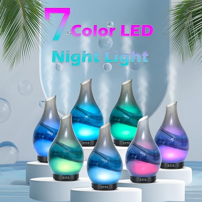 Essential Oil Diffusers Handmade Art Glass Ultrasonic Aromatherapy Diffusers with 7 Colors Lights Changing, Waterless Auto Shut-Off, Time Setting for Home, Office, Room 120ml