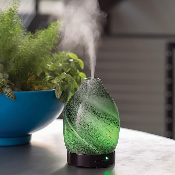 Medium Hand-Blown Glass Essential Oil Diffuser|100 mL Humidifying Ultrasonic Aromatherapy Diffuser 8 Colorful LED Lights, Intermittent & Continual Mist, Auto Shut-Off, Black