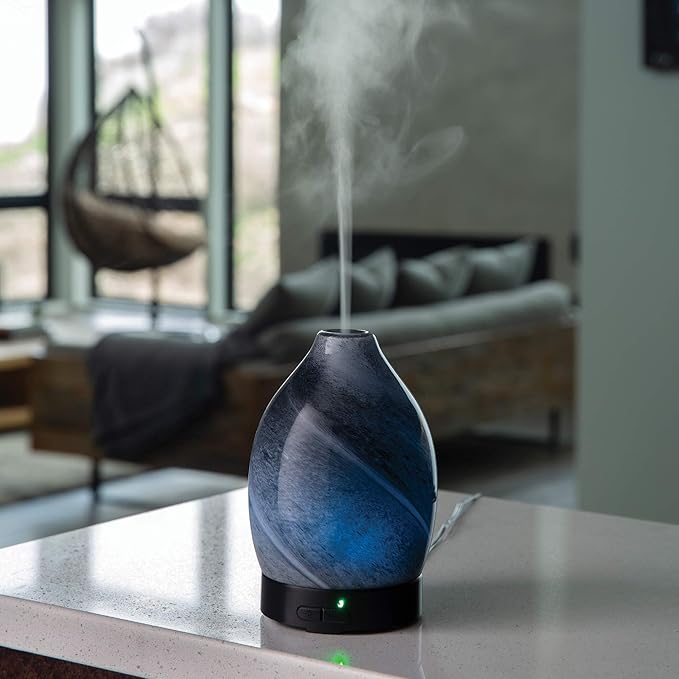 Medium Hand-Blown Glass Essential Oil Diffuser|100 mL Humidifying Ultrasonic Aromatherapy Diffuser 8 Colorful LED Lights, Intermittent & Continual Mist, Auto Shut-Off, Black