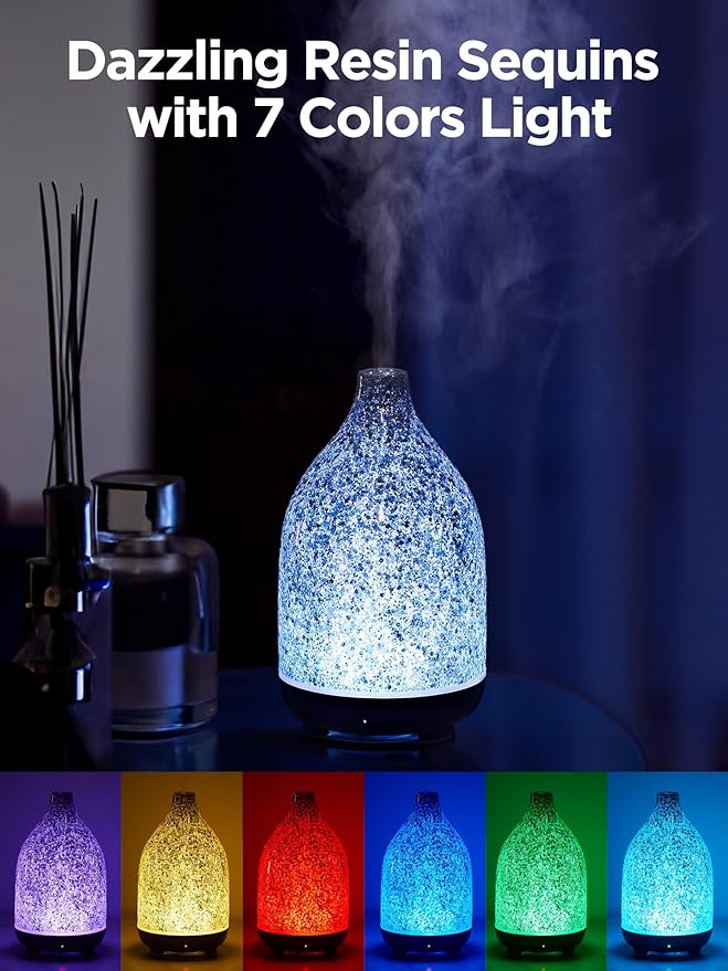 Aromatherapy Diffuser for Essential Oils 150ml Scent Diffuser Ultrasonic Cool Mist Humidifier with 2 Mist Modes 7 Color Lights Waterless Auto Off for Room Office, Shiny Silver