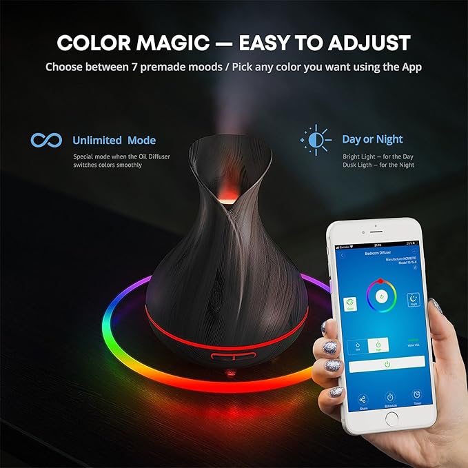 Smart WiFi Wireless Essential Oil Aromatherapy 400ml Ultrasonic Diffuser & Humidifier with Alexa & Google Home Phone App & Voice Control - Create Schedules - LED & Timer Settings Dark Brown