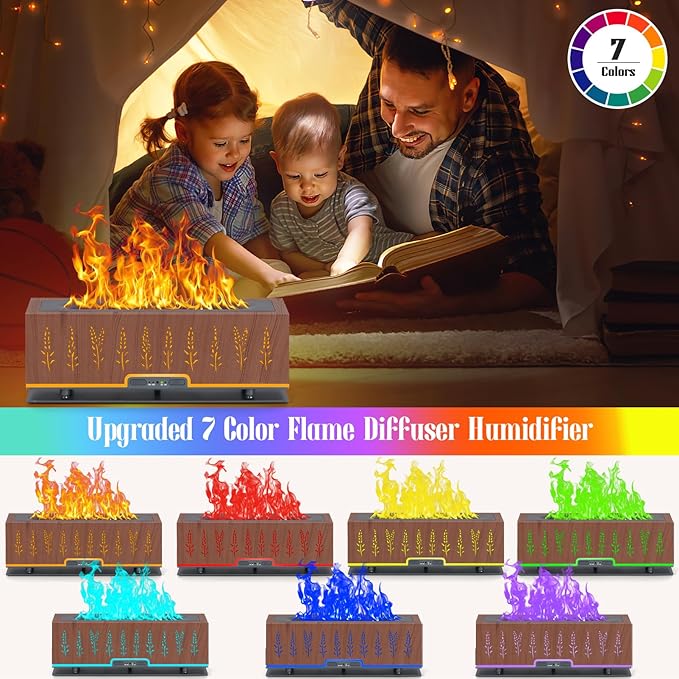 7 Colors Flame Fire Diffuser, Colorful Essential Oil Diffuser, 200ML Ultra-Quiet Aromatherapy Oil Diffuser Cool Mist Diffuser for Home Large Room, Office, Bedroom(Brown)