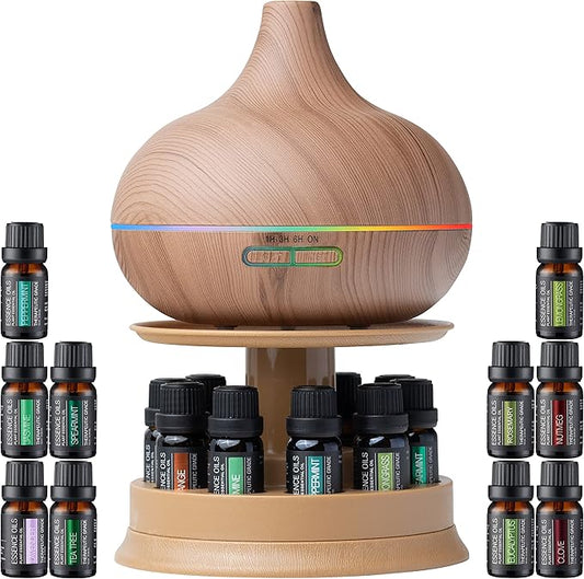 Ultimate Aromatherapy Ultrasonic 300ml Diffuser & Top 10 Therapeutic Grade Essential Oils Set w/Rotating Display Stand - 4 Timer & 7 Ambient Light Settings